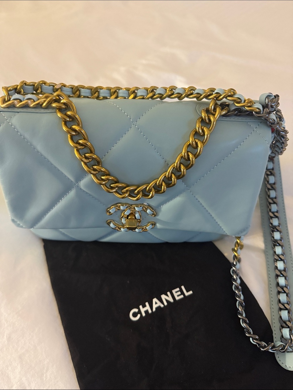 CHANEL Quilted Shoulder Bag in Powder Blue with Gold Chain